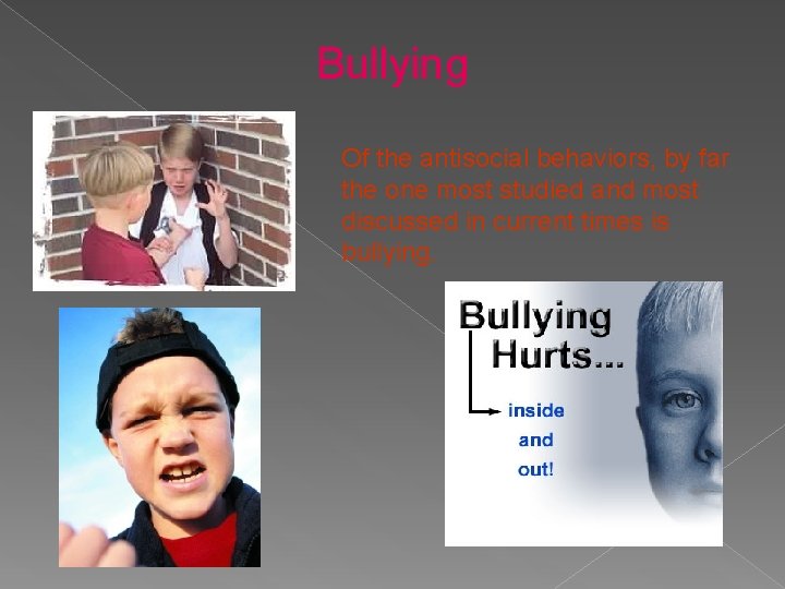 Bullying Of the antisocial behaviors, by far the one most studied and most discussed