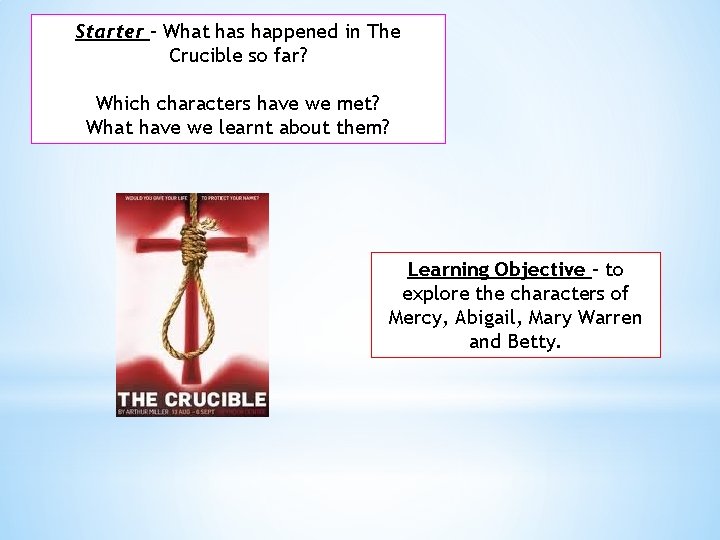 Starter – What has happened in The Crucible so far? Which characters have we Starter – What has happened in The Crucible so far? Which characters have we