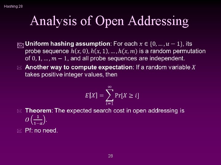 Hashing 28 Analysis of Open Addressing * 28 