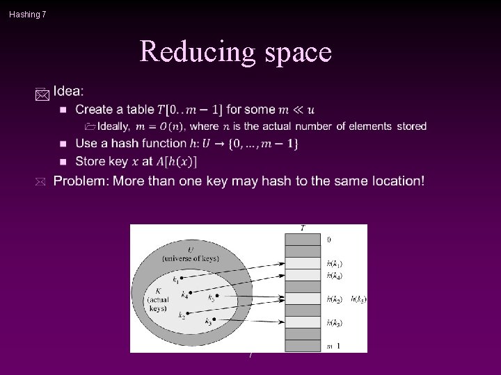 Hashing 7 Reducing space * 7 