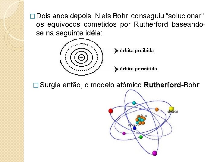 � Dois anos depois, Niels Bohr conseguiu “solucionar” os equívocos cometidos por Rutherford baseandose