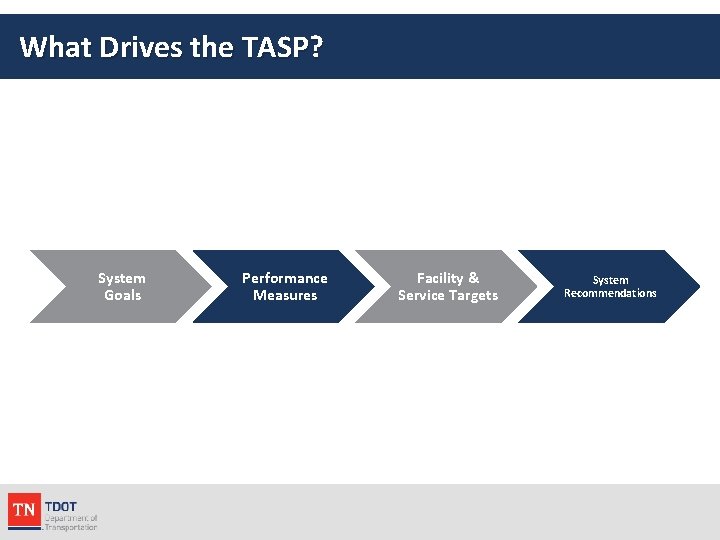 What Drives the TASP? System Goals Performance Measures Facility & Service Targets System Recommendations