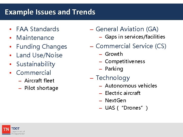 Example Issues and Trends • • • FAA Standards Maintenance Funding Changes Land Use/Noise
