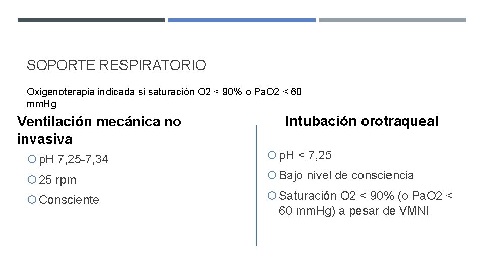 SOPORTE RESPIRATORIO Oxigenoterapia indicada si saturación O 2 < 90% o Pa. O 2