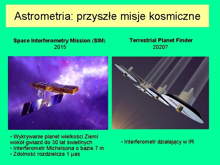 Astrometria: przyszłe misje kosmiczne Space Interferometry Mission (SIM) 2015 • Wykrywanie planet wielkości Ziemi