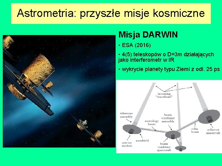 Astrometria: przyszłe misje kosmiczne Misja DARWIN • ESA (2016) • 4(5) teleskopów o D=3