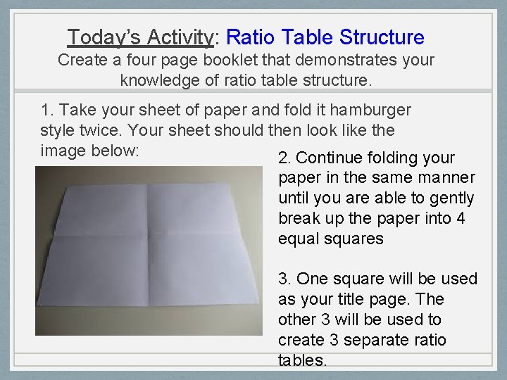 Ratio Table Booklet Finding Equivalent Ratios SWBAT construct