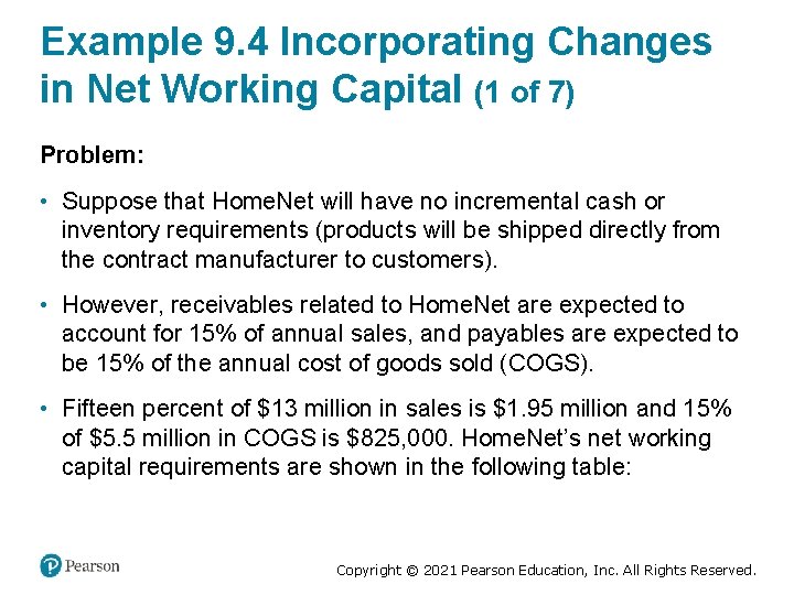 Example 9. 4 Incorporating Changes in Net Working Capital (1 of 7) Problem: •