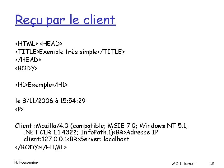 Reçu par le client <HTML> <HEAD> <TITLE>Exemple très simple</TITLE> </HEAD> <BODY> <H 1>Exemple</H 1>