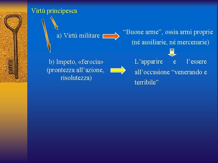 Virtù principesca a) Virtù militare b) Impeto, «ferocia» (prontezza all’azione, risolutezza) “Buone arme”, ossia