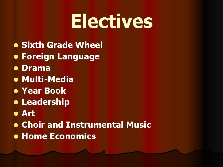 Electives l l l l l Sixth Grade Wheel Foreign Language Drama Multi-Media Year