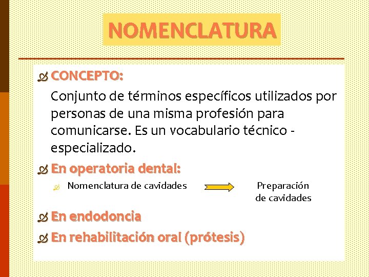 NOMENCLATURA CONCEPTO: Conjunto de términos específicos utilizados por personas de una misma profesión para