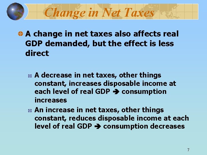 Change in Net Taxes A change in net taxes also affects real GDP demanded,