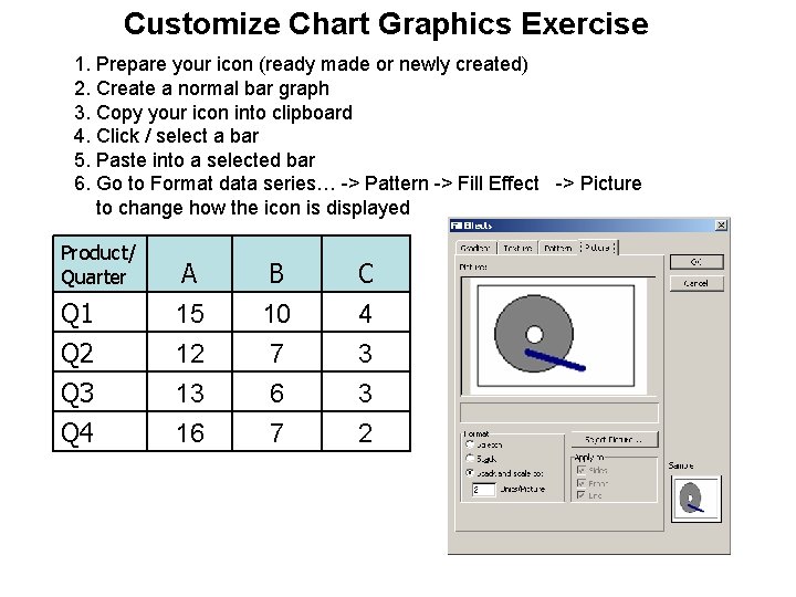 Customize Chart Graphics Exercise 1. Prepare your icon (ready made or newly created) 2.