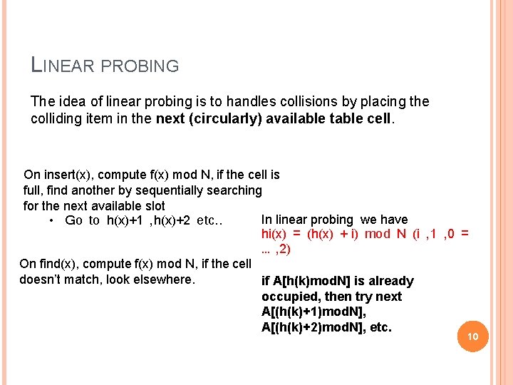 LINEAR PROBING The idea of linear probing is to handles collisions by placing the