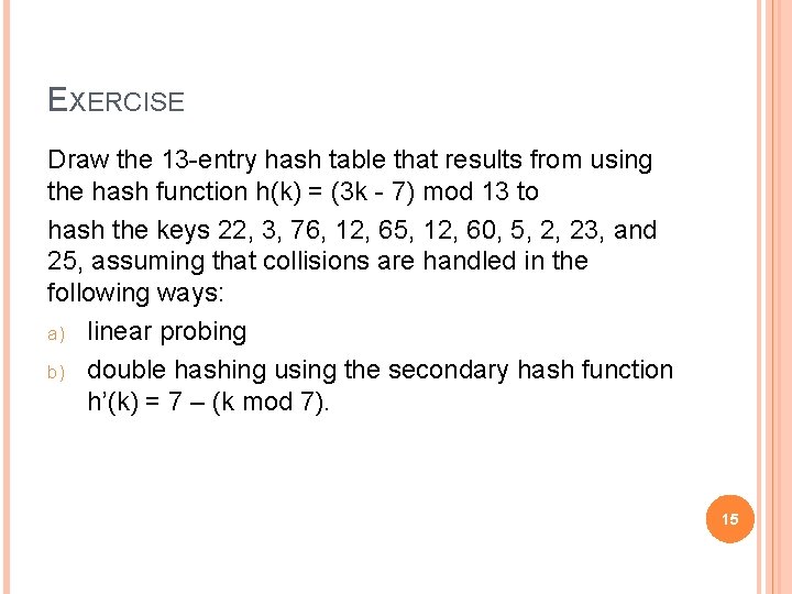 EXERCISE Draw the 13 -entry hash table that results from using the hash function