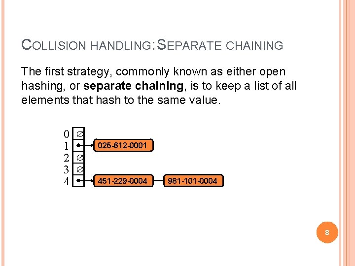 COLLISION HANDLING: SEPARATE CHAINING The first strategy, commonly known as either open hashing, or