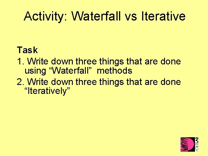 Activity: Waterfall vs Iterative Task 1. Write down three things that are done using