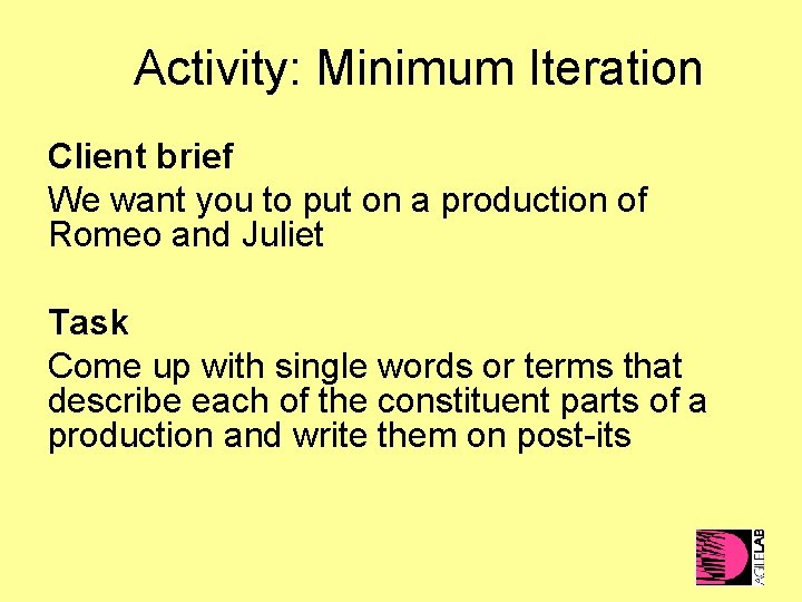 Activity: Minimum Iteration Client brief We want you to put on a production of