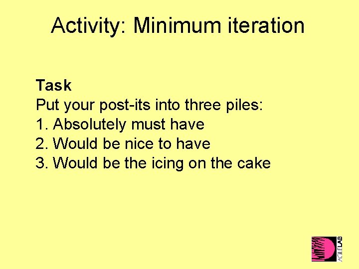 Activity: Minimum iteration Task Put your post-its into three piles: 1. Absolutely must have