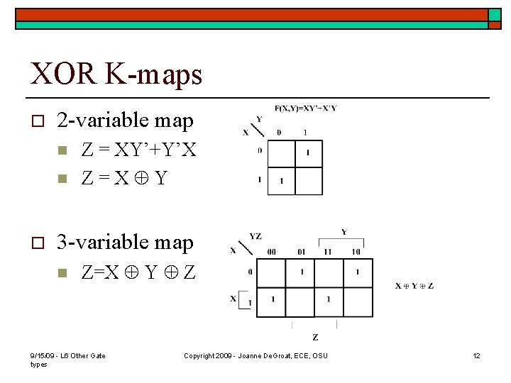 XOR K-maps o 2 -variable map n n o Z = XY’+Y’X Z=XÅY 3