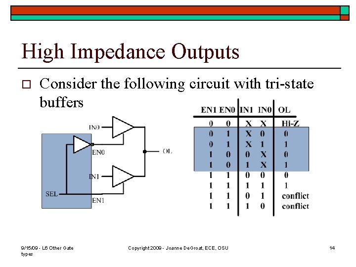 High Impedance Outputs o Consider the following circuit with tri-state buffers 9/15/09 - L