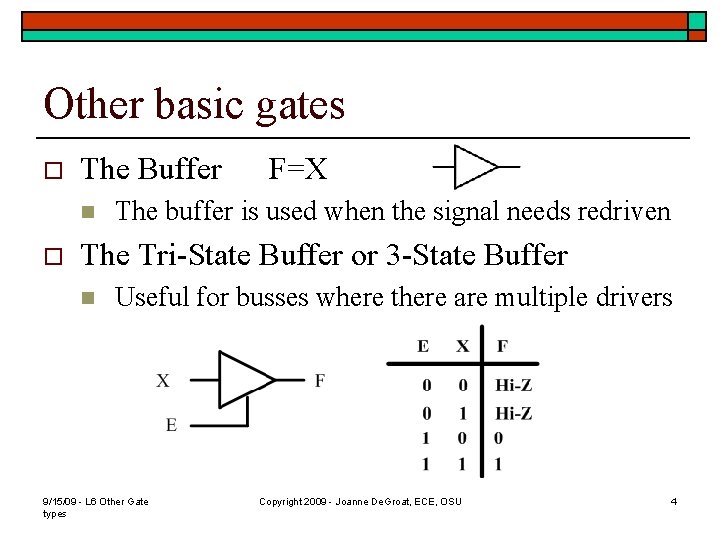 Other basic gates o The Buffer n o F=X The buffer is used when