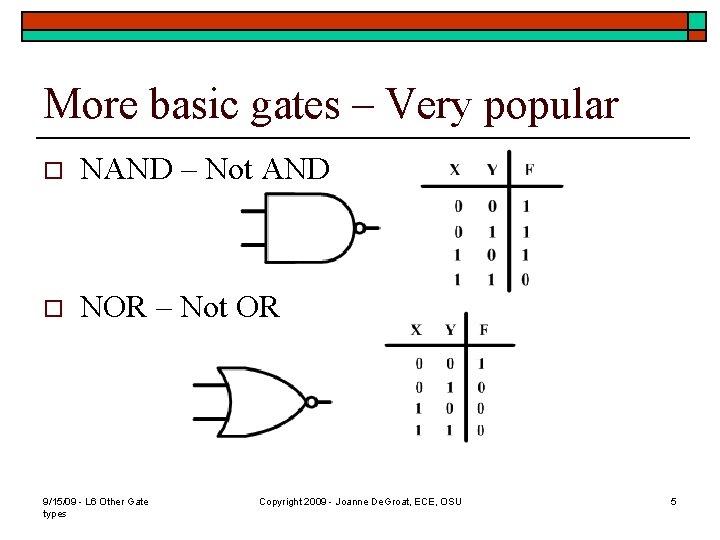 More basic gates – Very popular o NAND – Not AND o NOR –