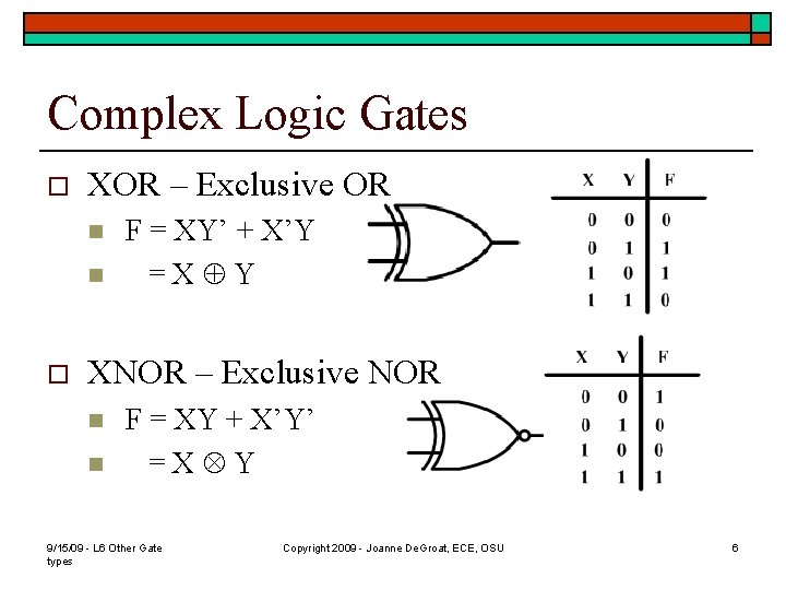 Complex Logic Gates o XOR – Exclusive OR n n o F = XY’