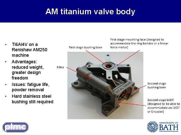 AM titanium valve body • • Ti 6 Al 4 V on a Renishaw