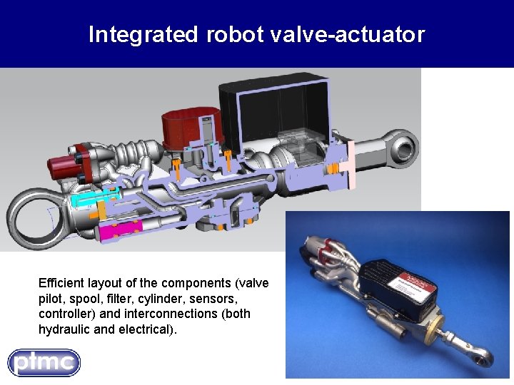 Integrated robot valve-actuator Efficient layout of the components (valve pilot, spool, filter, cylinder, sensors,