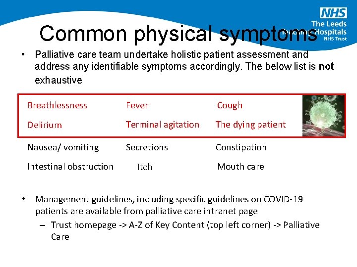 Common physical symptoms • Palliative care team undertake holistic patient assessment and address any