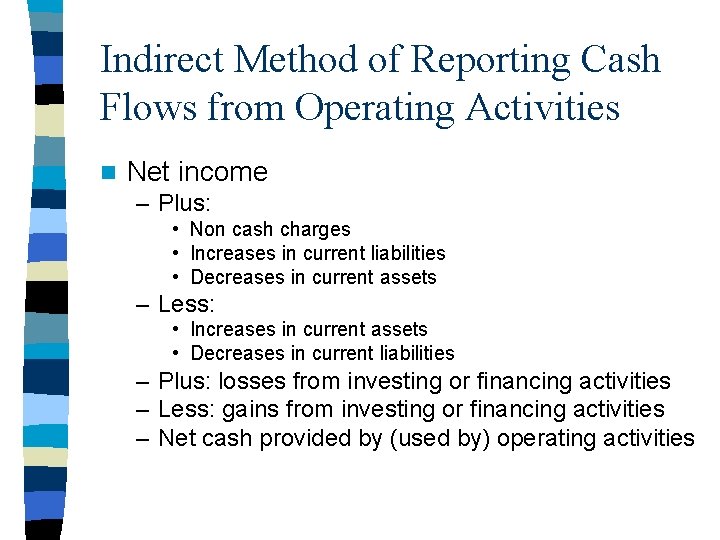 Indirect Method of Reporting Cash Flows from Operating Activities n Net income – Plus: