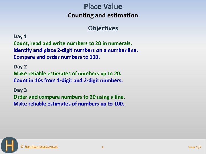 Place Value Counting and estimation Objectives Day 1 Count, read and write numbers to
