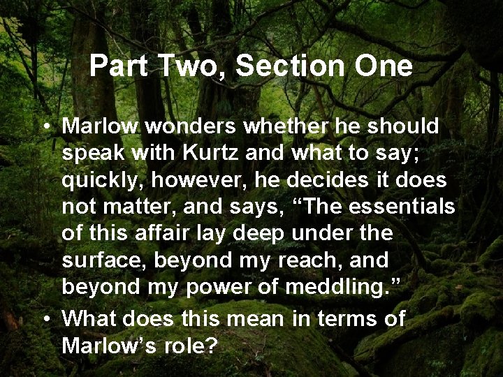 Part Two, Section One • Marlow wonders whether he should speak with Kurtz and