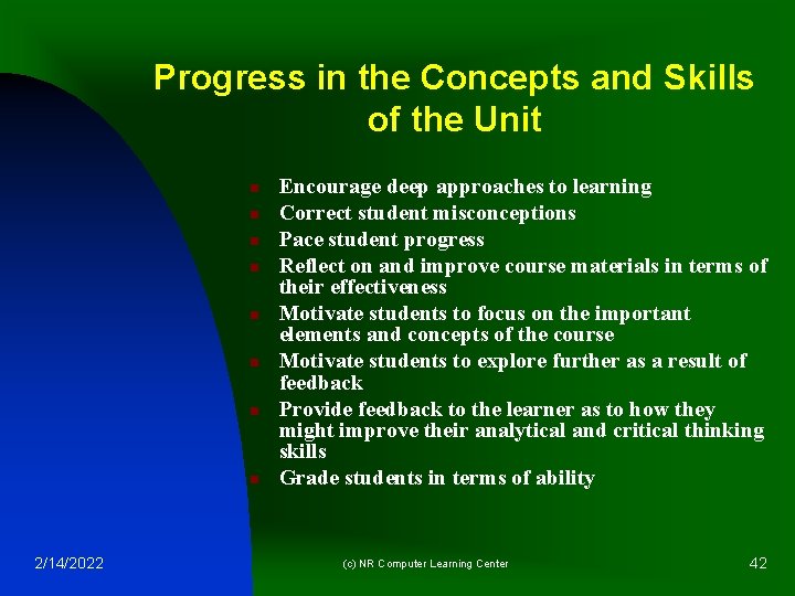 Progress in the Concepts and Skills of the Unit n n n n 2/14/2022