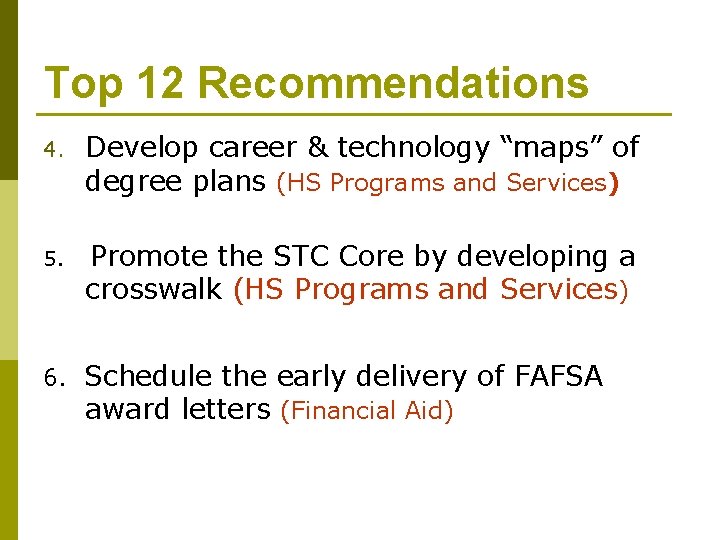 Top 12 Recommendations 4. Develop career & technology “maps” of degree plans (HS Programs