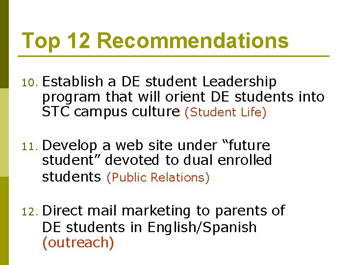 Top 12 Recommendations 10. Establish a DE student Leadership program that will orient DE