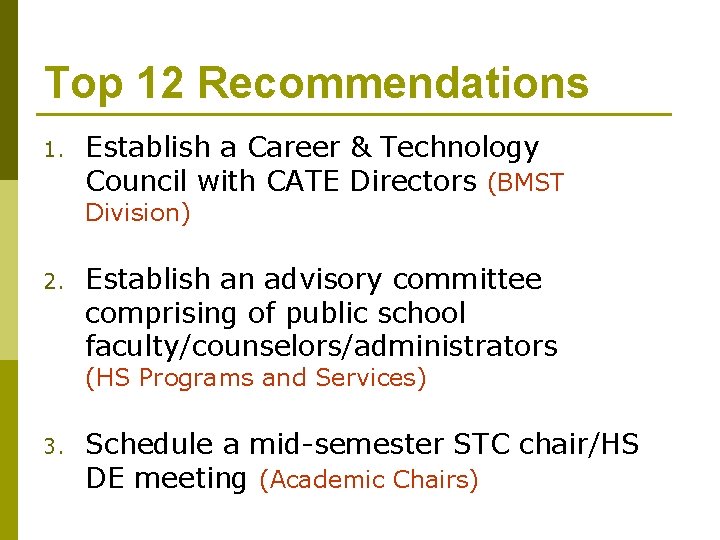 Top 12 Recommendations 1. Establish a Career & Technology Council with CATE Directors (BMST