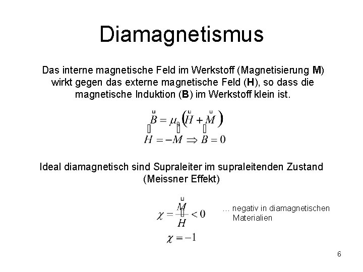 Diamagnetismus Das interne magnetische Feld im Werkstoff (Magnetisierung M) wirkt gegen das externe magnetische
