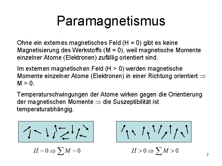 Paramagnetismus Ohne ein externes magnetisches Feld (H = 0) gibt es keine Magnetisierung des