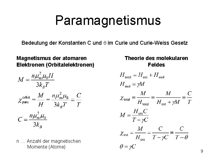 Paramagnetismus Bedeutung der Konstanten C und im Curie und Curie-Weiss Gesetz Magnetismus der atomaren