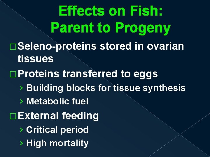 Effects on Fish: Parent to Progeny �Seleno-proteins stored in ovarian tissues �Proteins transferred to