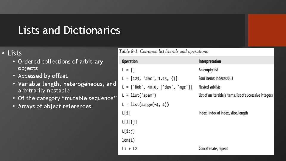 Lists and Dictionaries • Lists • Ordered collections of arbitrary objects • Accessed by