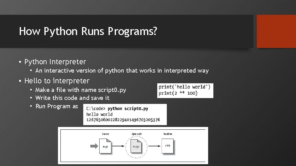 How Python Runs Programs? • Python Interpreter • An interactive version of python that