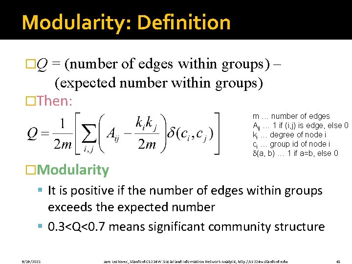 Modularity: Definition �Q = (number of edges within groups) – (expected number within groups)