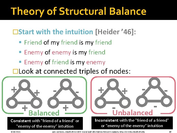 Theory of Structural Balance �Start with the intuition [Heider ’ 46]: § Friend of