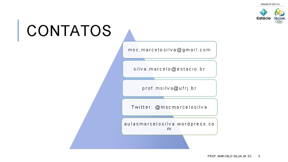 CONTATOS msc. marcelosilva@gmail. com silva. marcelo@estacio. br prof. msilva@ufrj. br Twitter: @mscmarcelosilva aulasmarcelosilva. wordpress.