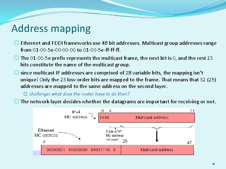Address mapping � Ethernet and FDDI frameworks use 48 bit addresses. Multicast group addresses