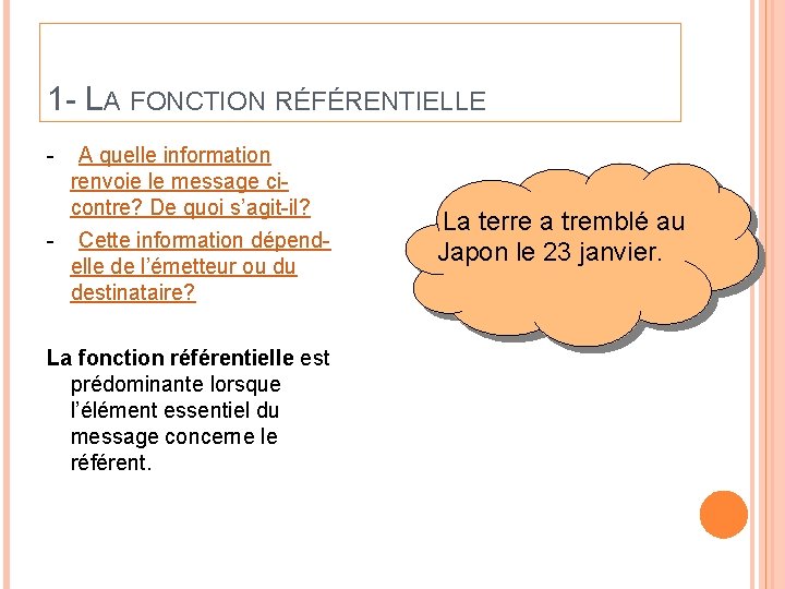 1 - LA FONCTION RÉFÉRENTIELLE - A quelle information renvoie le message cicontre? De